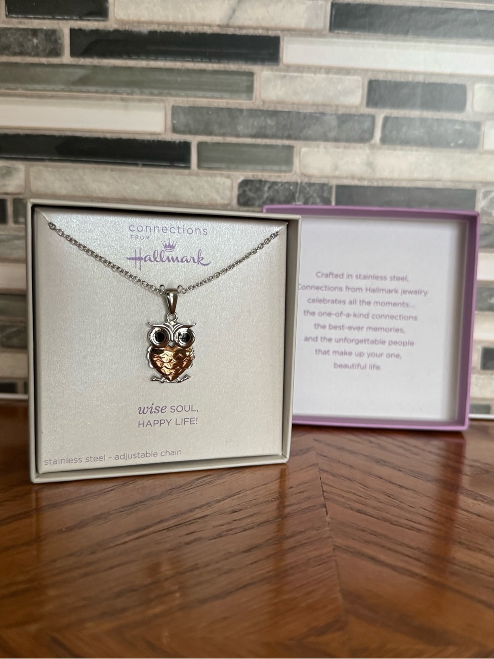 NIB Hallmark Connections Two-Tone Owl Pendant Necklace